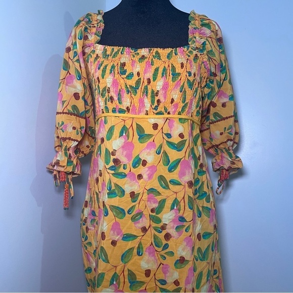 Farm Rio- Yellow Orange Mini Cashew Short Sleeve Smocked Midi Dress Size Medium - Picture 6 of 15